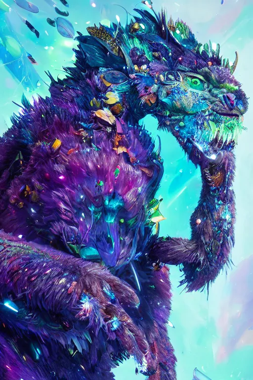 Image similar to A fancy portrait of a colourful crystalized beast by Greg Rutkowski, beeple, Sung Choi, Mitchell Mohrhauser, Maciej Kuciara, Johnson Ting, Maxim Verehin, Peter Konig, final fantasy, macro lens, 35mm, 8k photorealistic, cinematic lighting, HD, high details, dramatic, dark atmosphere, trending on artstation