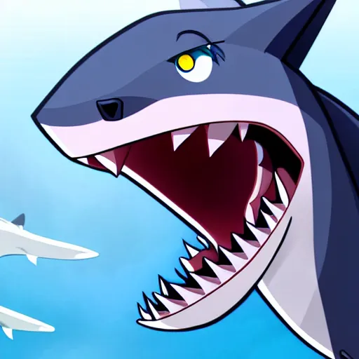 Image similar to A shocked wolf with shark teeth, trending on pixiv