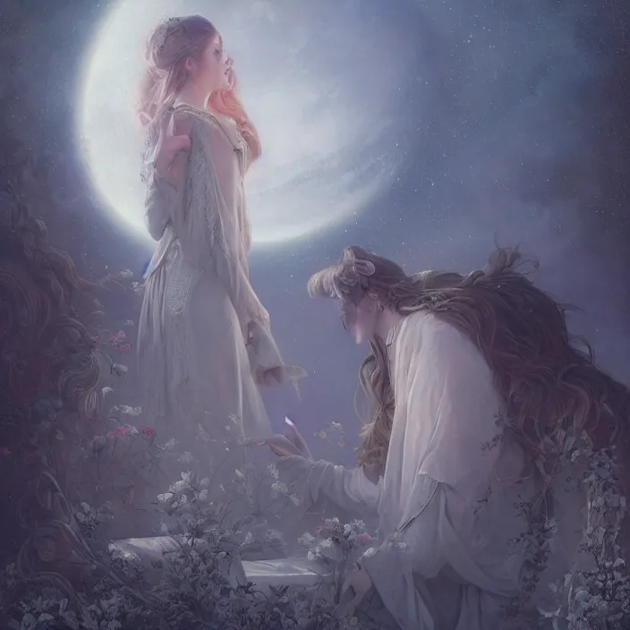 Prompt: ! dream a beautiful digital painting of a princess, princess, the moon behind her, intricate, cinematic lighting, highly detailed, digital painting, concept art, smooth, sharp focus, illustration, art by tom bagshaw, artgerm and greg rutkowski