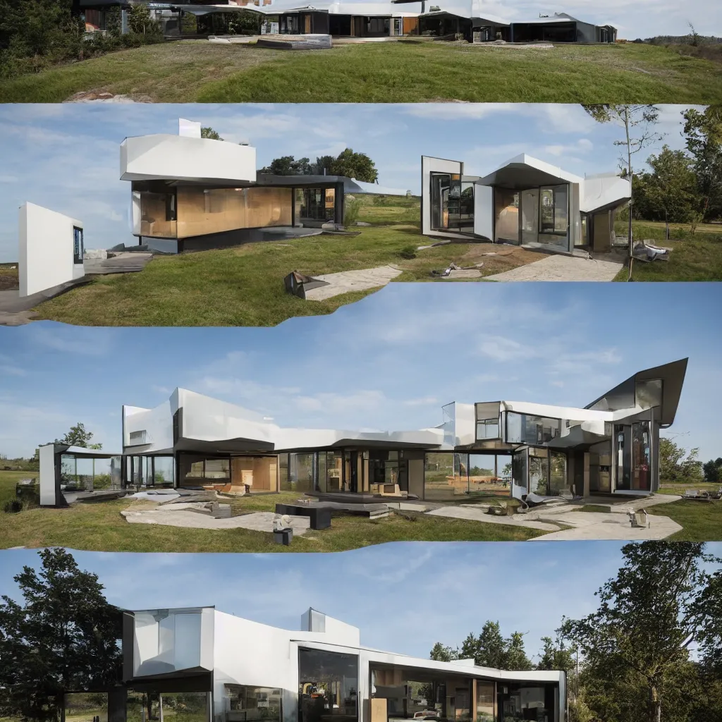 Image similar to hybrid modern home mixed with a drone, a drone home, hovering over a field