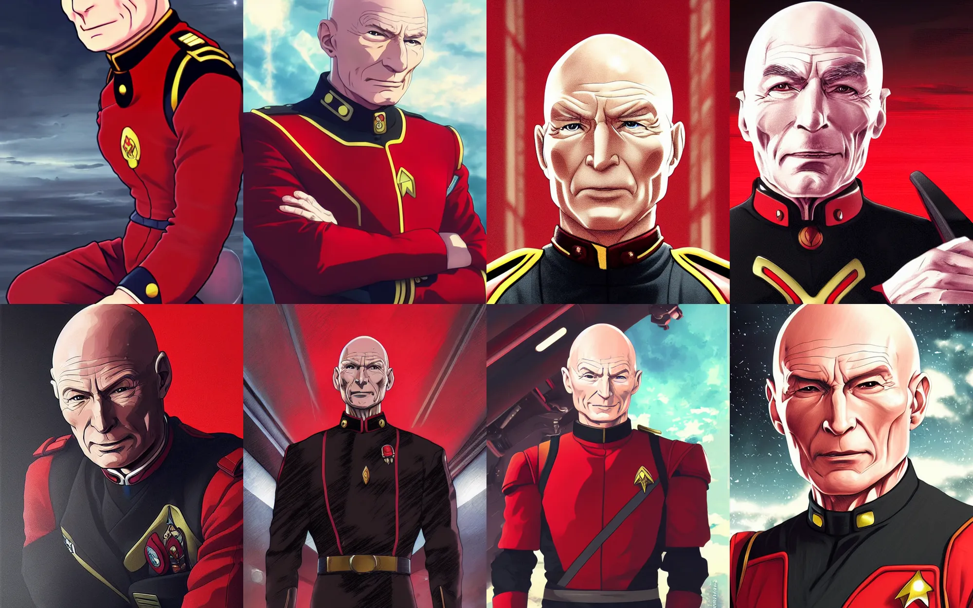 Prompt: Digital anime art by WLOP and Mobius, Closeup of Captain Picard wearing a red and black uniform from The Next Generation, silver insignia, serious expression, [[empty warehouse]] background, highly detailed, spotlight