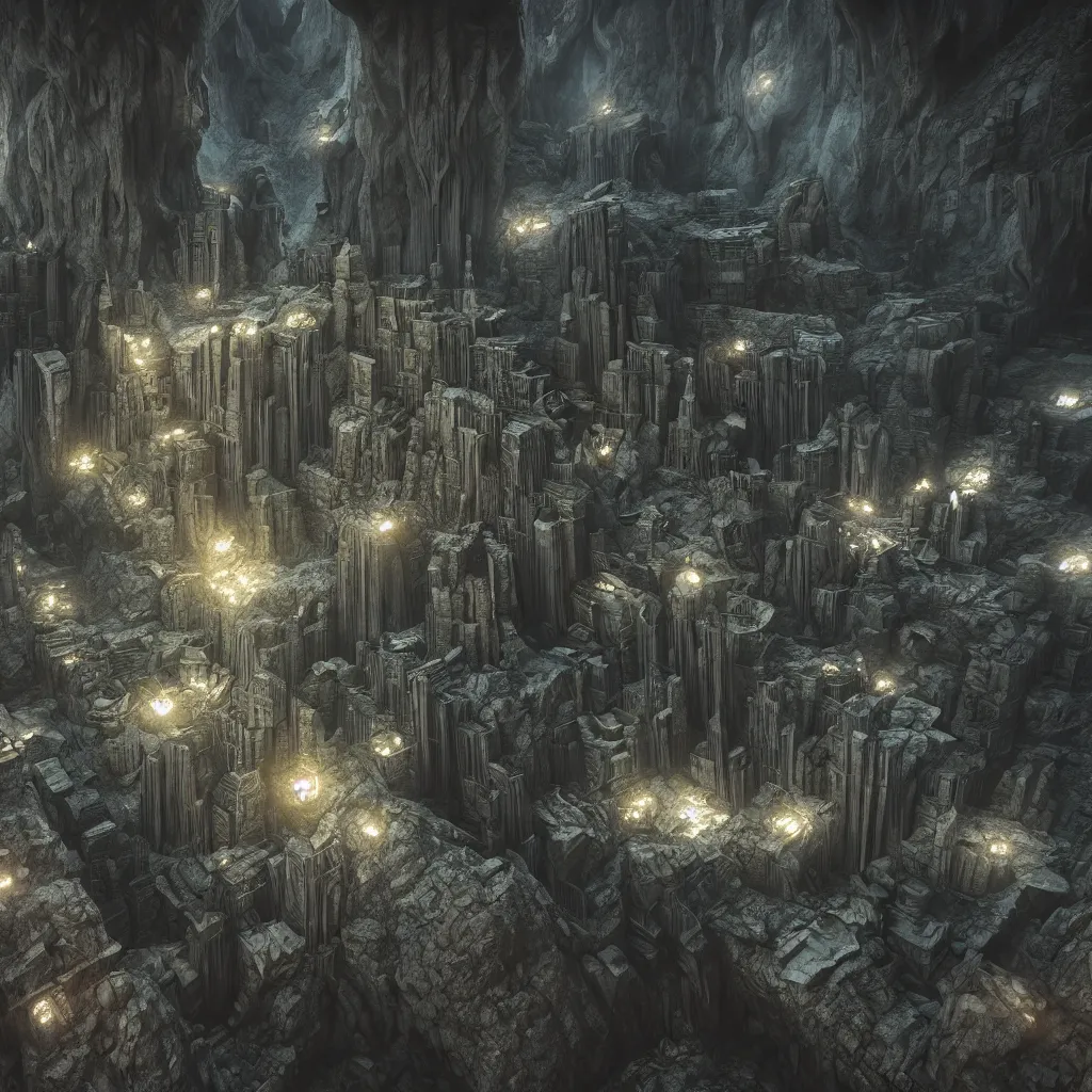 Image similar to inception lovecraft city carved from rock underground another inverted upside down above, artstation, cinematic warm volumetric lighting