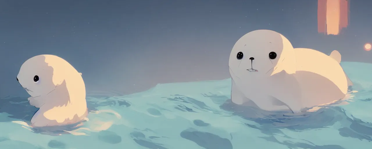 Image similar to a baby harp seal swimming in a tropical river, atey ghailan, goro fujita, studio ghibli, rim light, dark lighting, clear focus, very coherent