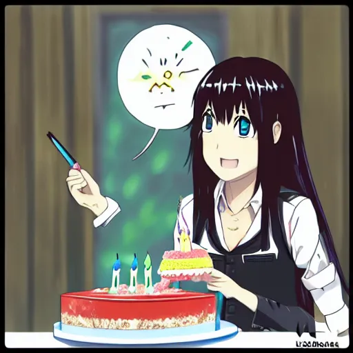 Prompt: Tomoko Kuroki eating a birthday cake, anime fan art