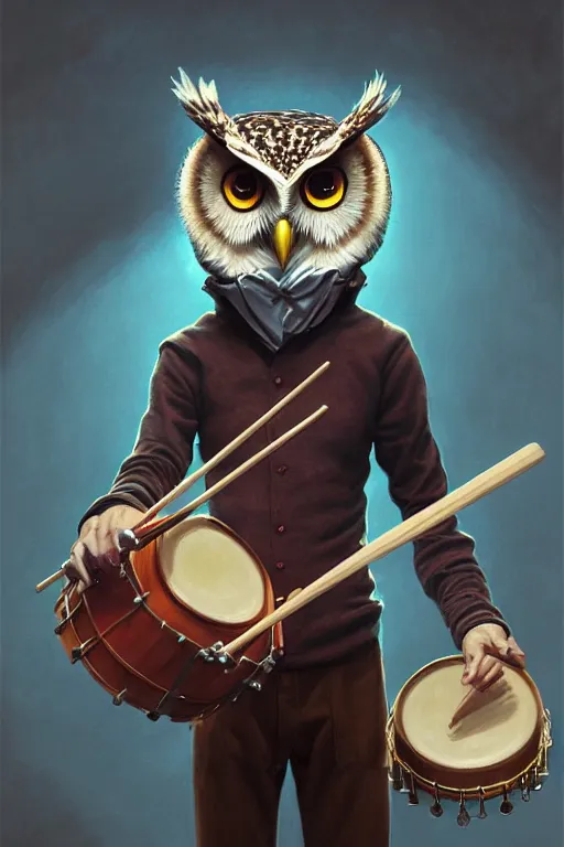 Image similar to portrait of an anthropomorphic owl playing the drums, dramatic lighting, highly detailed, digital painting, artstation, concept art, smooth, sharp focus, illustration, art by wlop, mars ravelo and greg rutkowski