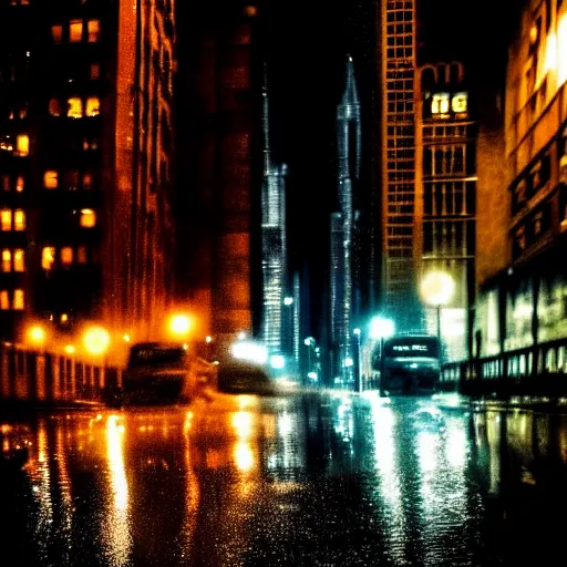 Prompt: gotham city on a rainy night | dramatic city lights