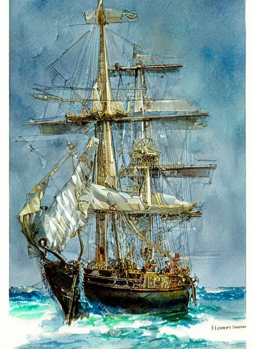Image similar to photo realistic galleon, art by harvey dunn and howard pyle, illustration, watercolor art,