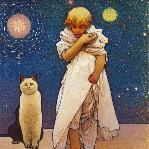 Prompt: a boy and a cat,walking on the sand,starry sky by Mucha,highly details,oil painting