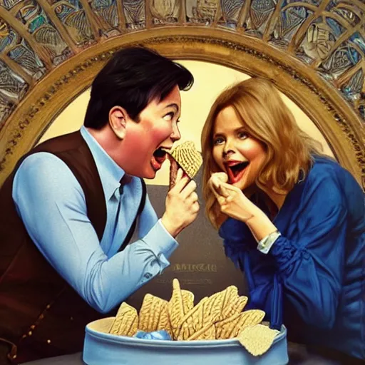 Prompt: michael mcintyre & a blonde fuller figured barbara bach from the bond film wearing blue dungarees and eating ice creams, real life skin, intricate, elegant, highly detailed, artstation, concept art, smooth, sharp focus, art by artgerm and greg rutkowski and alphonse mucha