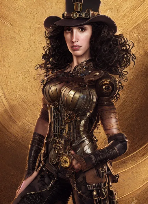 Image similar to steampunk portrait of gal gadot, hyper detailed, digital art, cinematic lighting, studio quality, smooth render, unreal engine 5, octane rendered, art style by klimt and nixeu and ian sprigger and wlop and krenz cushart.