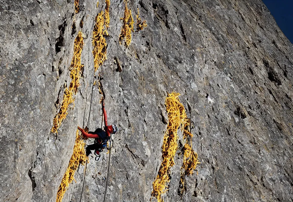 Prompt: telelens shot of a mountain climber free soloing a very steep mountain made up entirely out of french fries, sports photo,