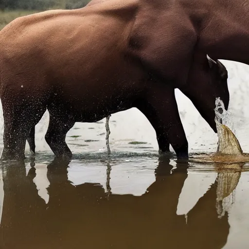 Prompt: national geographic professional photo of trump drinking from a watering hole, award winning