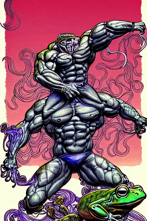 Image similar to illustration of a buff man riding a frog, lightning and static surges around him, intricate linework, in the style of moebius, ayami kojima, 1 9 9 0's anime, retro fantasy