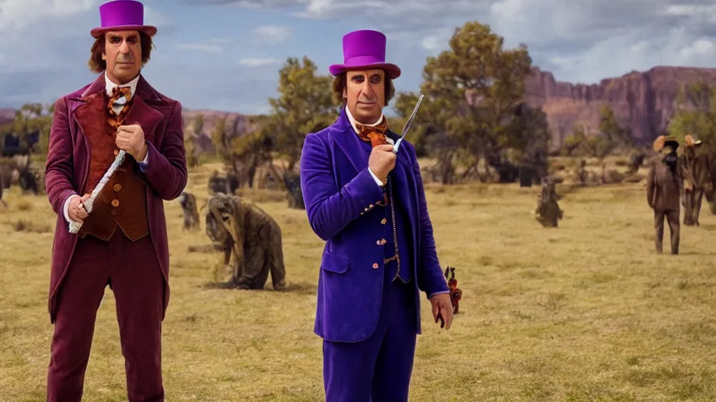 Image similar to saul goodman as Willy Wonka, film still from the movie directed by Denis Villeneuve with art direction by Salvador Dalí, wide lens