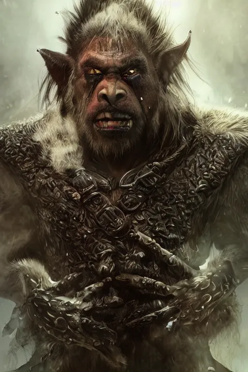 Image similar to A full body shot of a handsome orc looking into the camera wearing a leather fur jacket, full body shot, detailed face, orc, portrait, artstation, realistic, highly detailed, symmetrical, D&D, Dungeons & Dragons, hyper realistic, dynamic pose, high detail, octane render, unreal engine, 8k, fantasy art, highly detailed, dramatic lighting, concept art