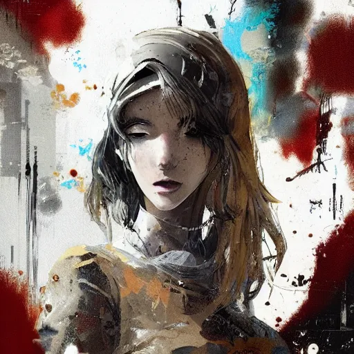 Prompt: highly detailed portrait of a moody post-cyberpunk young lady with a wavy blonde hair, by Dustin Nguyen, Akihiko Yoshida, Greg Tocchini, Greg Rutkowski, Cliff Chiang, 4k resolution, nier inspired, graffiti inspired, dark souls inspired, vibrant but dreary but upflifting gold, silver, ruby, black and white color scheme!!! ((Graffiti tag brick wall background))