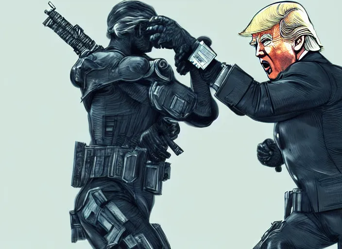 Prompt: donald trump and joe biden fighting in metal gear solid, digital art, trending on artstation, highly detailed, illustration, concept art, elegant, beautiful, masterpiece