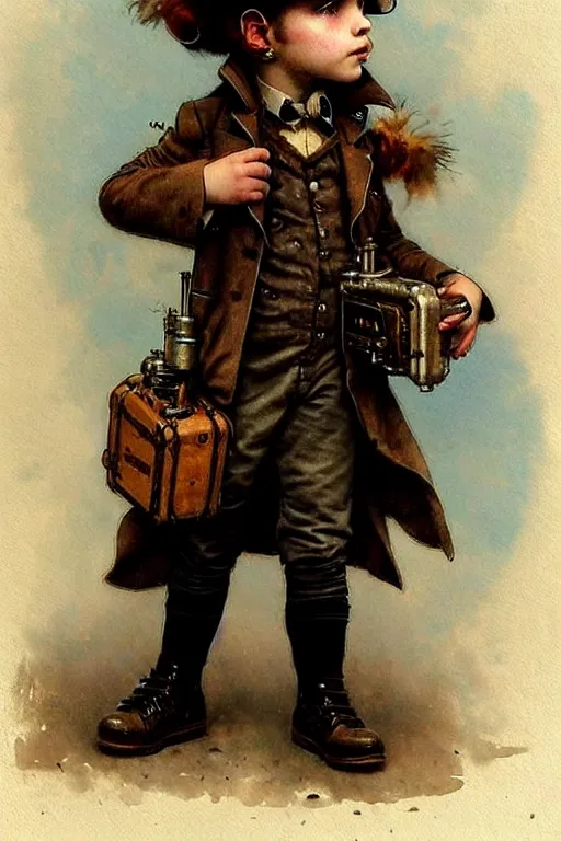 Prompt: ( ( ( ( ( 2 0 5 0 s retro future 1 0 year old adventurer in steampunk costume full portrait. muted colors. ) ) ) ) ) by jean - baptiste monge!!!!!!!!!!!!!!!!!!!!!!!!!!!!!!