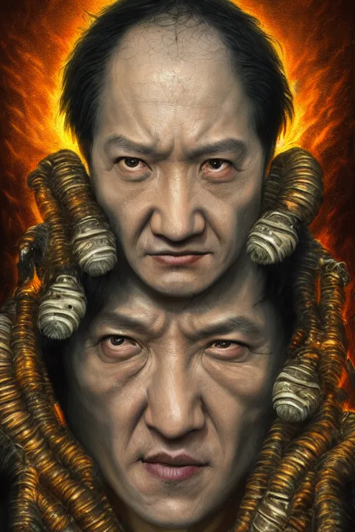 Image similar to realistic portrait beautiful detailed matte painting of cinematic movie scene jackie chan mutate into botfly larva. horror, created by gustave dore and greg rutkowski, high detailed, smooth draw, synthwave neon retro, intricate, realistic proportions, dramatic lighting, trending on artstation.