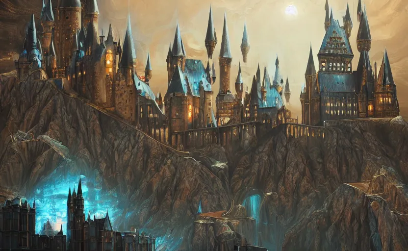 Image similar to a super detailed beautiful painting of futaristic hogwarts by shaddy safadi, 8 k, blue hue, warm lighting, cyberpunk trending on artstation