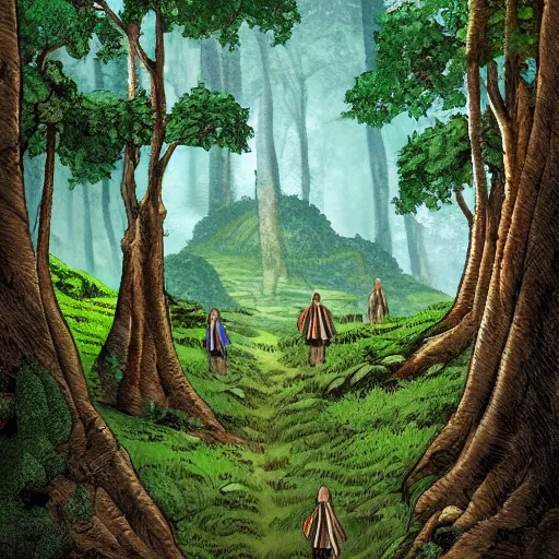 Image similar to a valley with tall trees and two hobbits walking through the forest in the style of J.R.R Tolkien