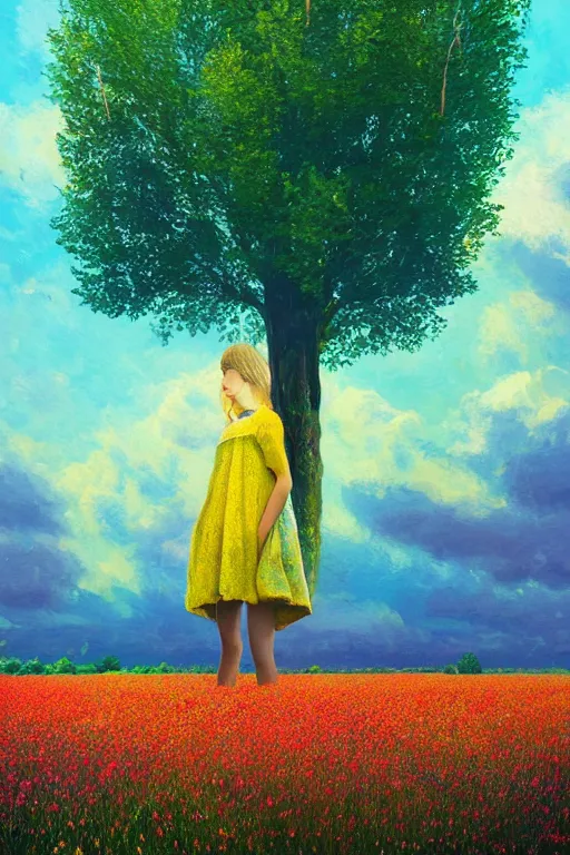 Image similar to giant flower face, girl standing in flower field, surreal photography, big trees, sunrise dramatic light, impressionist painting, colorful clouds, digital painting, pointillism, artstation, simon stalenhag