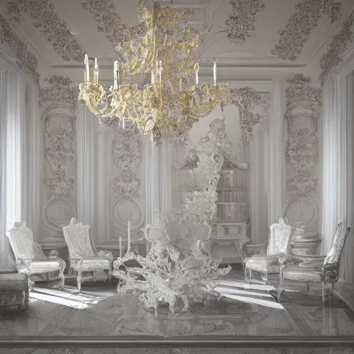 Prompt: explosion of a Gothic baroque white porcelain room furnished with baroque furniture made of white porcelain and white veils, everything is shattered. trending on artstation, sensual gloomy, volumetric clouds, unreal render, depth of field