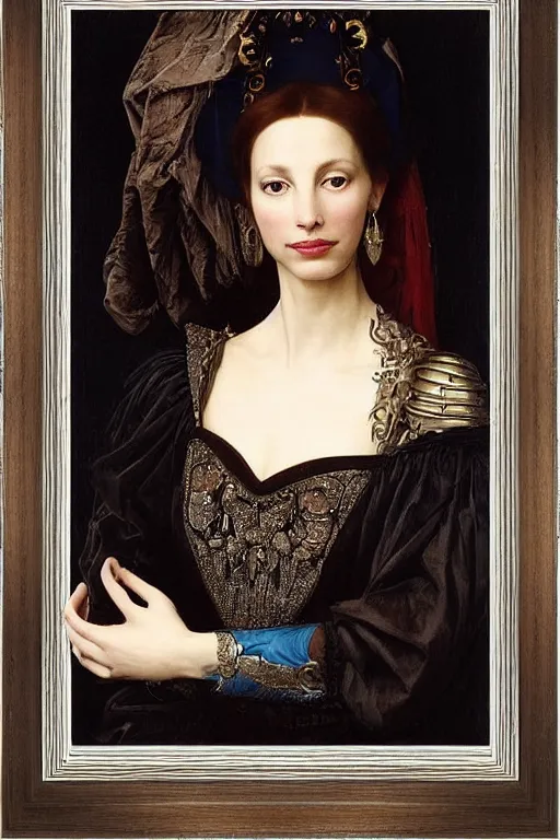 Prompt: very elegant beautiful portrait of christine turlington as princess of the dark tattoo world, magical fox in her arms at the front, in a antique frame, by jan van eyck, frederic leighton, waterhouse, mysticism, intricate, highly ornate dark silvery trim armoury