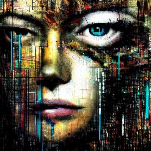 Image similar to portrait of a beautiful woman, crying, glitch effects over the eyes, shadows, by Guy Denning, by Johannes Itten, by Russ Mills, centered, glitch art, hacking effects, chromatic, cyberpunk, color blocking, oil on canvas, concept art, abstract