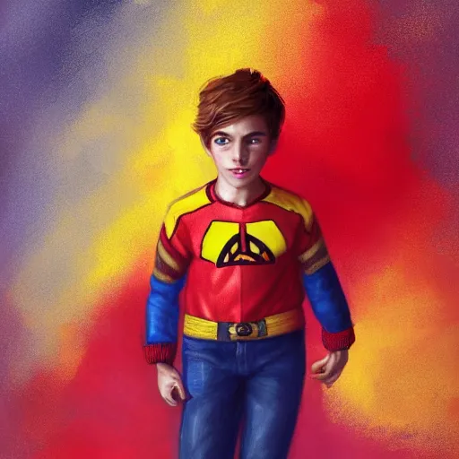 Prompt: colorful and festive captivating young child boy, brown fluffy hair, wearing red and yellow hero suit, doing the peace symbol with his hand. full body, rich vivid colors, ambient lighting, dynamic lighting, 4 k, atmospheric lighting, painted, intricate, highly detailed by charlie bowater