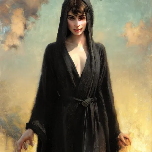 Image similar to detailed realistic cinematic wide shot of beautiful attractive lilly collins woman wearing black bath robe slim face symettrical face clean skin black eyes black robe smooth, sharp focus, ultra realistic, spring light, painting by gaston bussiere, craig mullins, j. c. leyendecker