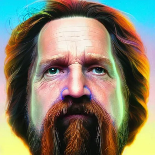 Prompt: a colorful closeup portrait of the dude from the big lebowski. he holds all the wisdom of the world in his eyes. dreamy vibes floating head and dreaming psychedelic hair. halo behind his head. trending on artstation. by peter mohrbacher and moebius and alex ross. intricate detail. hyperrealistic. photorealism. 8 k. flat design