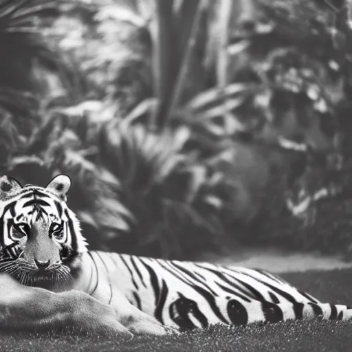 Image similar to rising silent star posing with a tiger in a garden, 1 9 2 0 s photography, trending on unsplash, black and white photography, intricately defined, complexly detailed, 4 k photorealism, golden ratio!!!!!, centered!!!!!