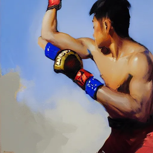 Image similar to greg manchess portrait of a filipino mma fighter looking shocked as he drops his sword, profile picture, organic painting, sunny day, matte painting, bold shapes, hard edges, street art, trending on artstation, by huang guangjian, gil elvgren, ruan jia, randy vargas, greg rutkowski