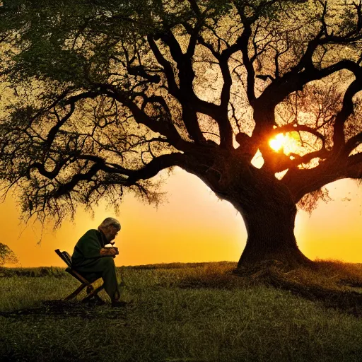 Image similar to 8k photograph. old man sitting under an oak tree he planted as a child. National Geographic. Sunset. Nature.