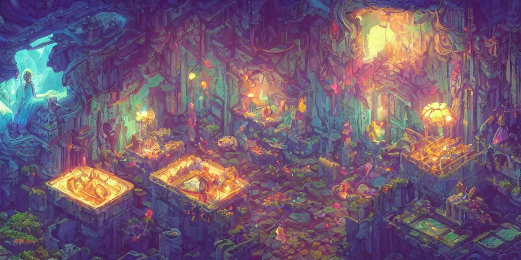 Image similar to isometric room of a room filled with white lava, house in the rock, colorful dream, glowing lights, epic fantasy, colorfully, detailed illustration, digital art, highly saturated colors, overdetailed art, concept art, detailed illustration, hd, 4 k, digital art, greg rutkowski, dan mumford, studio ghibli trending on artstation