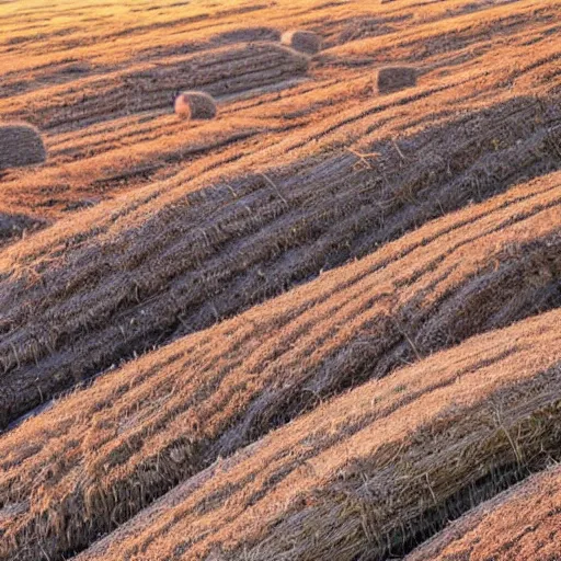 Prompt: a field of hay rolls downhill away from perspective towards a river, mountains in the distance, fluffy clouds dot a deep blue sky, 4 k, realistic