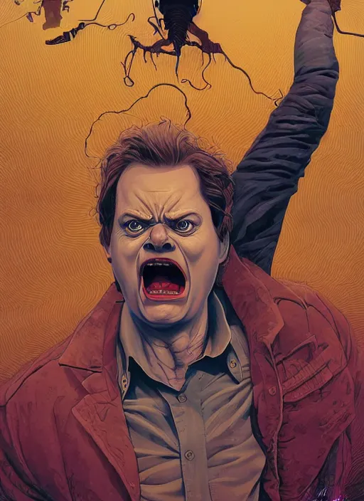Prompt: poster artwork by Michael Whelan and Tomer Hanuka, Karol Bak of Dwight Schrute screaming due to his mind expanding too much, from scene from The Office, clean, simple illustration, nostalgic, domestic, full of details