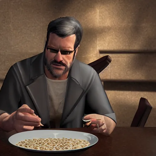 Prompt: jc denton from deus ex eats cereal at a table, liberty island, high quality, photorealistic, highly detailed face, smooth, sharp focus, 4 k, hd