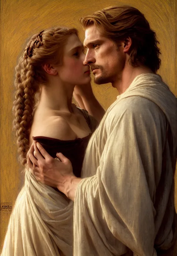 Image similar to attractive handsome fully clothed jaime lannister confesses his love for attractive fully armored brienne of tarth. two knights in love. highly detailed painting by gaston bussiere and j. c. leyendecker and william adolphe bouguereau and fra angelico and octane render, musee d'orsay 8 k