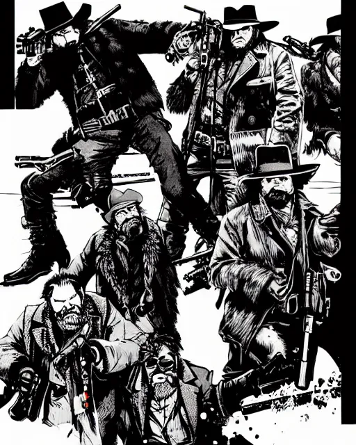 Prompt: epic action gunfight scene from The Hateful Eight by Quentin Tarantino in style by Dave Gibbons and Yoji Shinkawa, trending on artstation, details, intricate, 4k, perfect faces