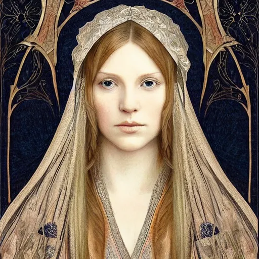 Image similar to detailed realistic beautiful young medieval queen face portrait by quinton hoover, art nouveau, symbolist, visionary, gothic, pre - raphaelite