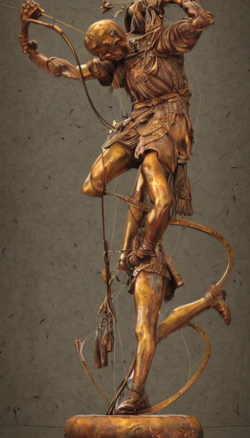 Prompt: An epic fantastic realism comic book style painting of a distressed bronze archery sculpture from the future by Stanislaw Szukalski, beautiful colorful flowers rain down, gilded marbled paper background, archer, fisheye lens, unreal 5, DAZ, hyperrealistic, octane render, dynamic lighting