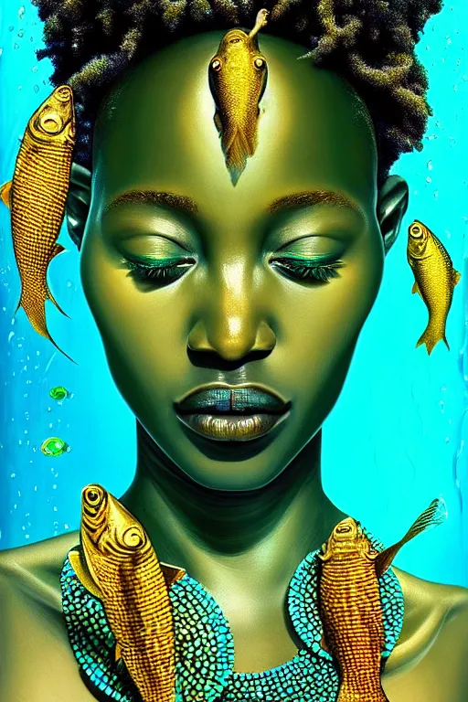 Prompt: hyperrealistic precisionist cinematic very expressive! translucent!! african goddess, full body, underwater scene with fish and algae, gold jewerly, highly detailed face, digital art masterpiece, eric zener cam de leon, dramatic pearlescent turquoise light on one side, long shot, low angle uhd 8 k, shallow depth of field