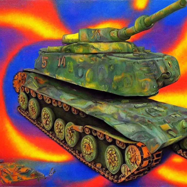 Image similar to panzer tank on peaches, psychedelic oil painting