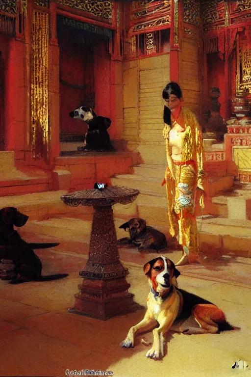 Image similar to A dog sitting in an asian palace, painting by Gaston Bussiere, Craig Mullins