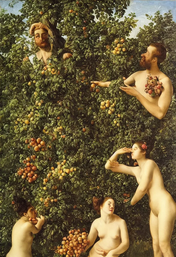 Prompt: men and women, portrait, garden with fruits on trees, ultra detailed, Orazio Gentileschi style, Lucien Lévy-Dhurmer style