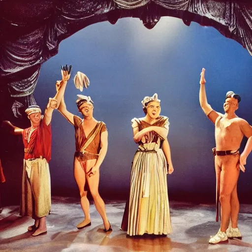 Image similar to Production photo of The Ten Commandments (1955) film the musical on broadway, dancing, singing, Ten Commandments costumes by Julie Taymor, set design by Julie Taymor