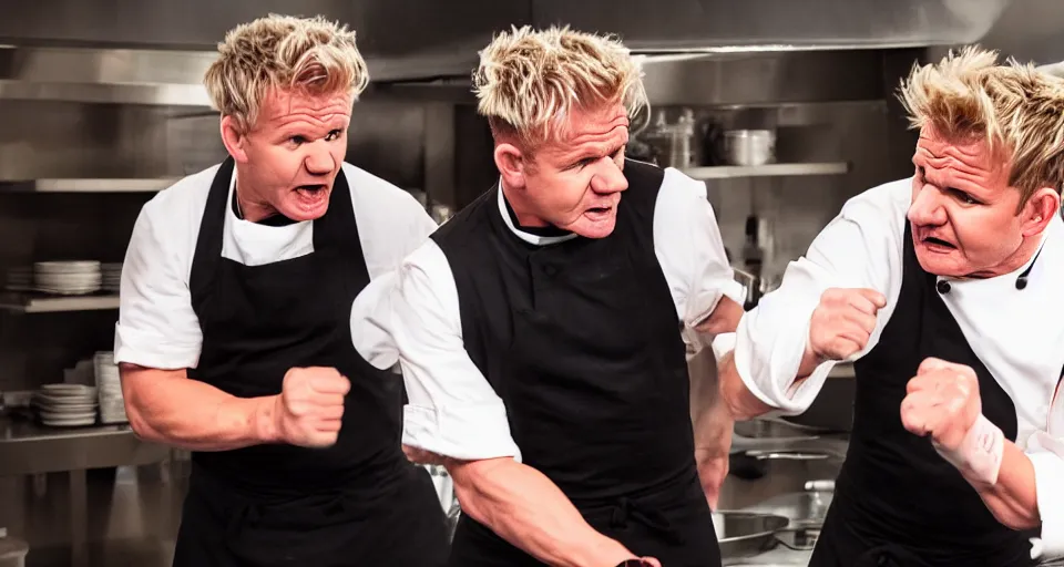 Image similar to photo of angry furious Gordon Ramsay punching Gordon Ramsay at the kitchen