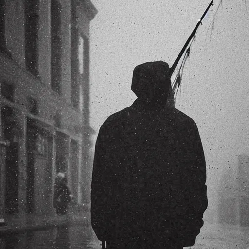 Image similar to closeup portrait of a man fishing in a rainy new york street, photography, world press photo